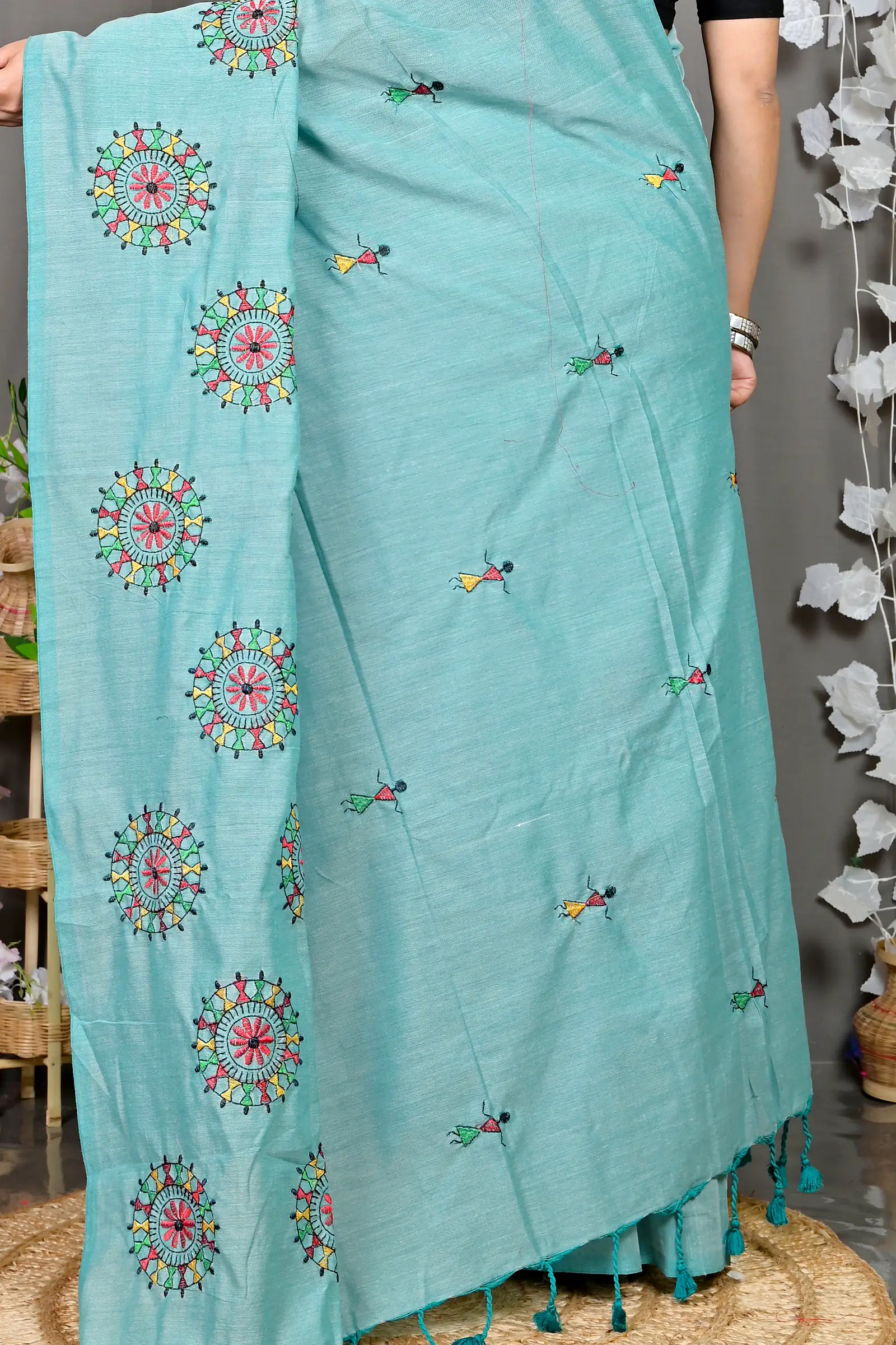 Sky Blue Pure Cotton Parama Embroidery Handloom saree (287)